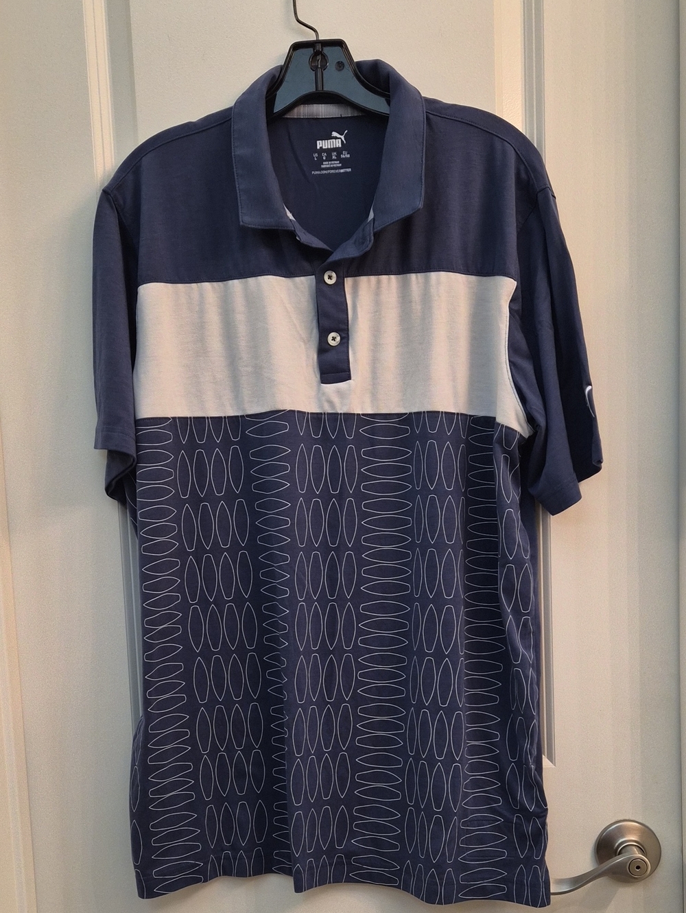 Puma Navy & White Short Sleeve Polo with Patterned Lower Panel